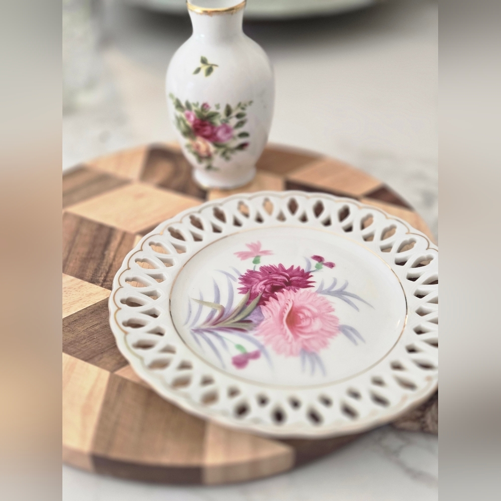 Floral Porcelain Plate with Pink and Purple & Mini Vase Vintage